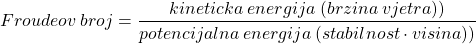 \[Froudeov \: broj = \frac{kineticka \: energija \: (brzina \: vjetra))}{potencijalna \: energija \: (stabilnost \cdot visina))}\]