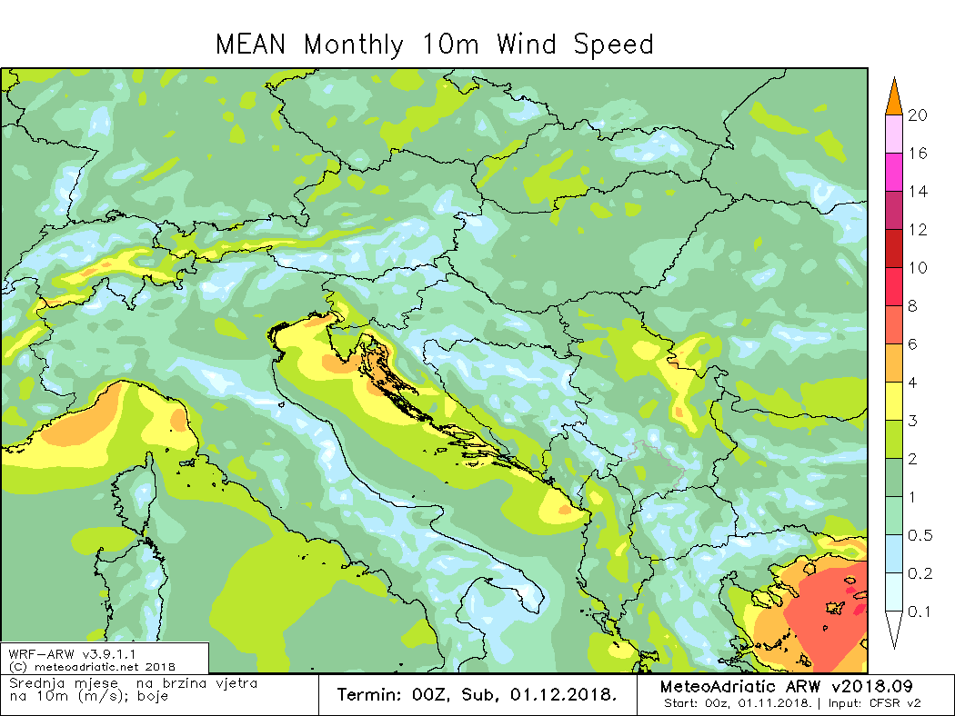 Prosječna brzina vjetra, studeni 2018.