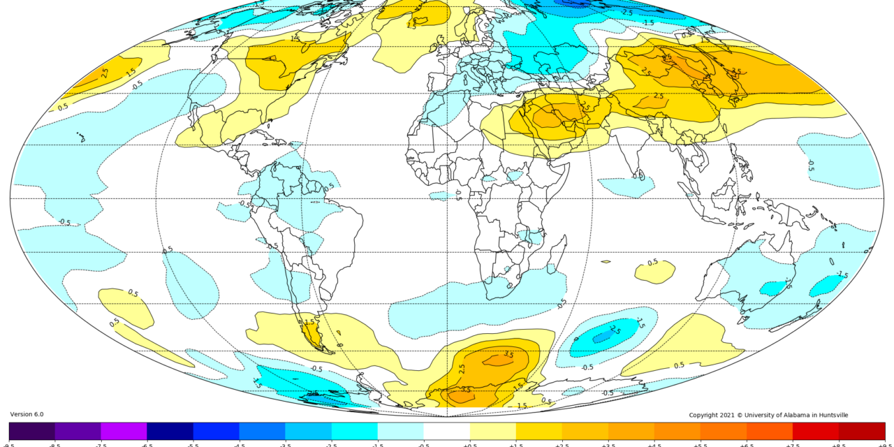 Globalna anomalija temperature (UAH, LT) za ožujak 2021: -0,01°C